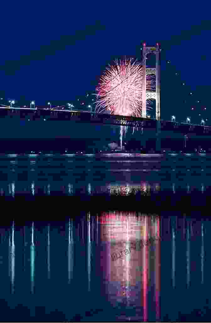 Fireworks Exploding Over The Mackinac Bridge At Night Midsummer Nights (Secrets Of Mackinac Island 4)
